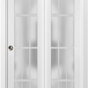 Sliding Closet Bi-fold Doors 2 * 42 X 80 | Felicia 3312 White Silk With Frosted Glass | Sturdy Tracks Moldings Trims Hardware Set | Wood Solid Bedroom Wardrobe Doors