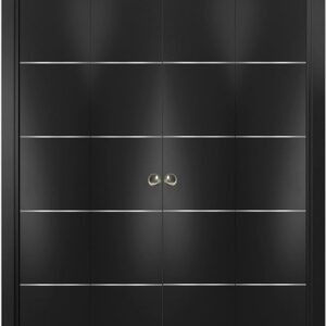 Sliding Closet Double Bi-fold Doors 96″ X 84″ (4 * 24×84) | Planum 0020 Matte Black | Sturdy Tracks Moldings Trims Hardware Set | Wood Solid Bedroom Wardrobe Doors