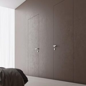 Interior Invisible Solid Hidden Door With Handle | Planum 0010 Primed With Silver Hidden Frame 36″ X 80″ Right-Hand Inswing | Concealed Hinges Lock Handle | Modern Wood Frameless Doors