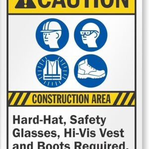 Construction Area Safety Caution Metal Sign 8″x12″ Essential Gear Reminder, Remind Wearing Hard Hat Glasses Vest Boots At Construction Work Sites