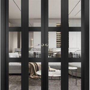 Sliding Closet Double Bi-fold Doors 72″ X 80″ (4 * 18×80) | Lucia 2555 Matte Black With Clear Glass | Sturdy Tracks Moldings Trims Hardware Set | Wood Solid Bedroom Wardrobe Doors