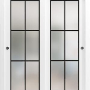 Sliding Closet Door SARTODOORS Planum 2122 Bypass Interior Doors With Frosted Glass, Solid Wood, 48×84, White, Modern Style Hardware Included