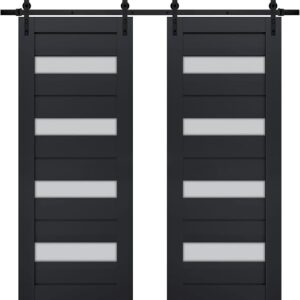 Sturdy Double Barn Door With Frosted Glass | Veregio 7455 Antracite | 13FT Rail Hangers Heavy Set | Solid Panel Interior Doors-36″ X 80″ (2 * 18×80)-Black Rail