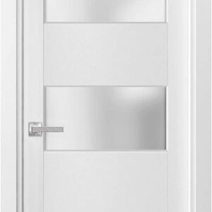 Solid French Door Frosted Glass 3 Lites 28 X 80 Inches | Lucia 4070 White Silk | Single Regular Panel Frame Trims Handle | Bathroom Bedroom Sturdy Doors