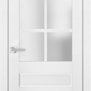 Interior Solid French Pre-Hung Door Frosted Glass | Veregio 7339 White Silk | Single Regular Panel Frame Trims Handle | Bathroom Bedroom Sturdy Doors -28″ X 84″