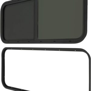 Universal RV Window, Teardrop Design, 42″ W X 22″ H, Horizontal Sliding Tempered Black Glass With Aluminum Alloy Frame, Anti-Mosquito Screen, Optional Trim, UV & Waterproof, POIOKLJRE