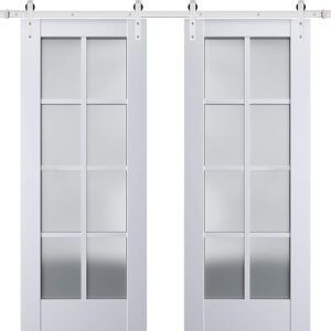 Sturdy Double Barn Door With Frosted Glass | Veregio 7412 White Silk | 13FT Rail Hangers Heavy Set | Solid Panel Interior Doors-36″ X 80″ (2 * 18×80)-Silver Rail
