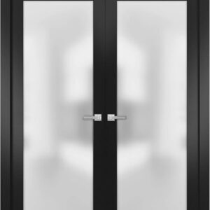 Planum 2102 | Double Swing Interior French Doors With Glass With Frosted Glass, Solid Wood, Hardware Included, 36×80, Black, Modern