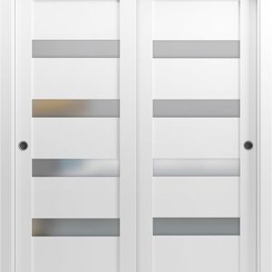 Sliding Closet Door SARTODOORS Quadro 4113 Bypass Interior Doors With Frosted Glass, MDF, 36×80, White, Modern Style Hardware Included