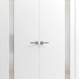Planum 0660 | Double Swing Interior French Doors With Glass With Frosted Glass, Solid Wood, Hardware Included, 48×80, White, Modern