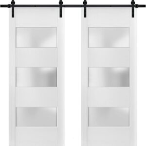 Sturdy Double Barn Door 36 X 80 Inches With Frosted Glass 3 Lites | Lucia 4070 White Silk | Top Mount 13FT Rail Hangers Heavy Set | Solid Panel Interior Doors