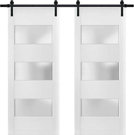 Sturdy Double Barn Door 36 X 80 Inches With Frosted Glass 3 Lites | Lucia 4070 White Silk | Top Mount 13FT Rail Hangers Heavy Set | Solid Panel Interior Doors