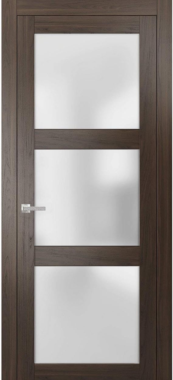 Solid French Door Frosted Glass 32 X 80 Inches | Lucia 2552 Chocolate Ash | Single Regular Panel Frame Trims Handle | Bathroom Bedroom Sturdy Doors
