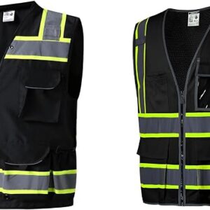 SKSAFETY 10/12 Pockets Black Safety Vest - Class 2 High Visibility Security With Zipper Double-sided Mesh, Hi Vis Vest With Reflective Strips, ANSI/ISEA Standard, Construction Work Vest (Black)