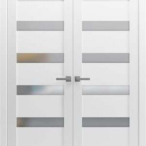 Quadro 4113 | Double Swing Interior French Doors With Glass With Frosted Glass, MDF, Hardware Included, 36x84, White, Modern