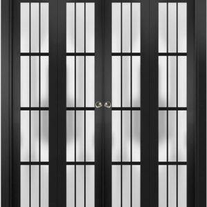 Sliding Closet Double Bi-fold Doors 72″ X 80″ (4 * 18×80) | Felicia 3312 Matte Black With Frosted Glass | Sturdy Tracks Moldings Trims Hardware Set | Wood Solid Bedroom Wardrobe Doors