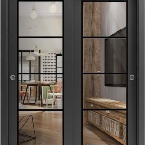 Sliding Closet Door SARTODOORS Lucia 2466 Bypass Interior Doors With Clear Glass, Solid Wood, 64×80, Black, Modern Style Hardware Included