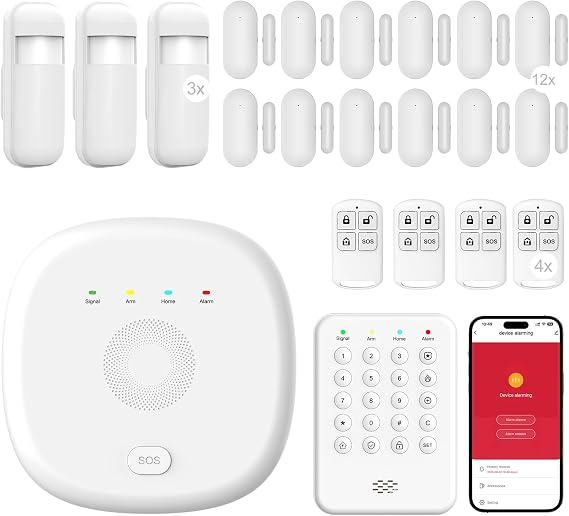 WiFi Wireless Home Security System - Smart Home & Business Alarm System, Expandable, Standalone Keypad, App Alerts, No Monthly Fee, Alexa Compatible, Door/Window Sensors & Motion Detectors & Remote