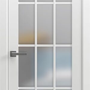 Solid French Door Frosted Glass 12 Lites 18 X 84 Inches | Felicia 3312 Matte White | Single Regural Panel Frame Trims Handle | Bathroom Bedroom Sturdy Doors