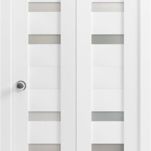 Sliding Closet Bi-fold Doors 2 * 42 X 96 | Quadro 4266 White Silk With Frosted Glass | Sturdy Tracks Moldings Trims Hardware Set | Wood Solid Bedroom Wardrobe Doors
