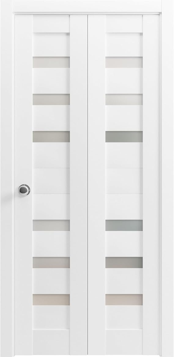 Sliding Closet Bi-fold Doors 2 * 42 X 96 | Quadro 4266 White Silk With Frosted Glass | Sturdy Tracks Moldings Trims Hardware Set | Wood Solid Bedroom Wardrobe Doors
