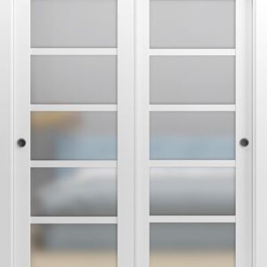 Sliding Closet Door SARTODOORS Quadro 4002 Bypass Interior Doors With Frosted Glass, MDF, 36×80, White, Modern Style Hardware Included