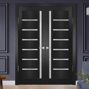 Quadro 4088 Interior Doors 72 X 84 In, Black Matte Frosted Glass Solid French Double Door, Solid MDF Core, Frame And Satin Nickel Hardware Included