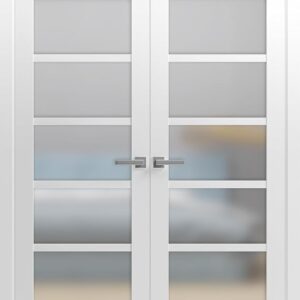 Quadro 4002 | Double Swing Interior French Doors With Glass With Frosted Glass, MDF, Hardware Included, 64×84, White, Modern