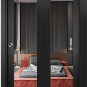 Sliding Closet Bi-fold Doors 2 * 18 X 80 | Lucia 1299 Matte Black With Mirror | Sturdy Tracks Moldings Trims Hardware Set | Wood Solid Bedroom Wardrobe Doors