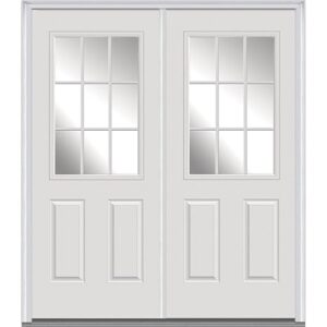 National Door Company ZZ05096R Fiberglass, Brilliant White, Right Hand In-swing, Exterior Prehung Double Door, Internal Grilles 1/2 Lite 2-Panel, 60″x80″