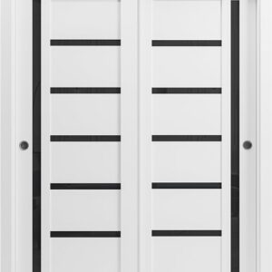 Sliding Closet Door SARTODOORS Quadro 4588 Bypass Interior Doors With Black Glass, MDF, 84×84, White, Modern Style Hardware Included