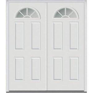 National Door Company ZZ05149L Fiberglass, Brilliant White Left Hand/In-swing, Exterior Prehung Double Door, Internal Grilles 1/4 Lite 4-Panel, 60″x80″