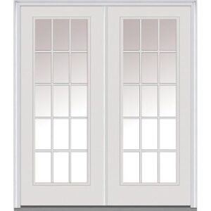 National Door Company ZZ04955R Fiberglass, Brilliant White, Right Hand In-swing, Exterior Prehung Double Door, Internal Grilles Full Lite, 60″x80″