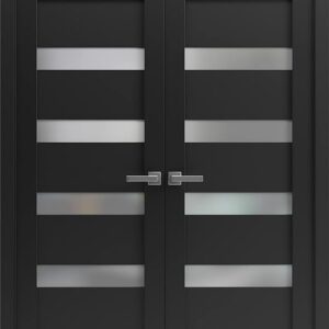Quadro 4113 | Double Swing Interior French Doors With Glass With Frosted Glass, MDF, Hardware Included, 36×96, Black, Modern