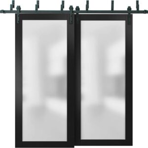 Planum 2102 | Interior Barn Bypass Sliding Doors With Frosted Glass, Solid Wood, 36×80, Black, Modern Style | Hardware Included