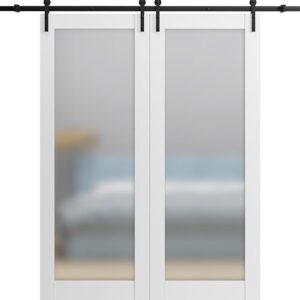 Sturdy Double Barn Door With Frosted Glass | Planum 2102 White Silk | 13FT Black Rail Hangers Heavy Set | Solid Panel Interior Doors-72″ X 84″ (2 * 36×84)-Black Rail-Frosted Glass