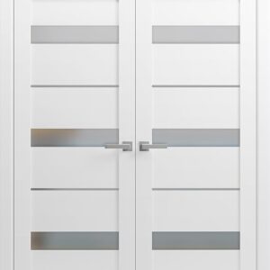 Quadro 4055 | Double Swing Interior French Doors With Glass With Frosted Glass, MDF, Hardware Included, 36×80, White, Modern