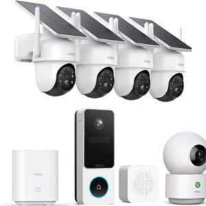 AOSU Home Security System DIY Kit, SolarCam D1 Classic 4 Kit + Doorbell Camera Wireless + 2K Indoor Camera
