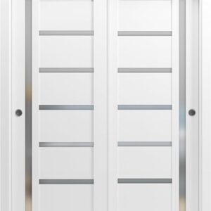 Sliding Closet Bypass Doors 36 X 80 With Hardware | Quadro 4088 White Silk With Frosted Opaque Glass | Sturdy Top Mount Rails Moldings Trims Set | Kitchen Lite Wooden Solid Bedroom Wardrobe Doors
