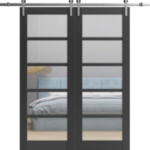 Sturdy Double Barn Door | Quadro 4522 Matte Black With Clear Glass | 13FT Rail Hangers Heavy Set | Solid Panel Interior Doors-36″ X 84″ (2 * 18×84)-Clear Glass-Silver Rail