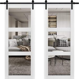 Sturdy Double Barn Door 48 X 80 Inches With Clear Glass 3 Lites | Lucia 2555 Matte White | Top Mount 13 Feet Rail Hangers Heavy Set | Solid Panel Interior Doors