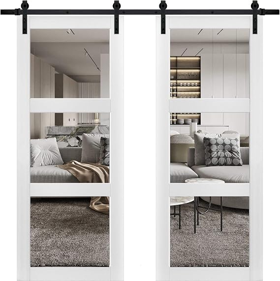 Sturdy Double Barn Door 48 X 80 Inches With Clear Glass 3 Lites | Lucia 2555 Matte White | Top Mount 13 Feet Rail Hangers Heavy Set | Solid Panel Interior Doors