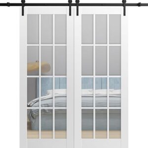 Sturdy Double Barn Door 36 X 80 Inches With Clear Glass 12 Lites | Felicia 3355 Matte White | Top Mount 13FT Rail Hangers Heavy Set | Solid Panel Interior Doors