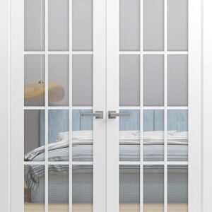 Solid French Double Doors 36 X 84 Inches Clear Glass 3 Lites | Felicia 3355 White Silk | Wood Solid Panel Frame Trims | Closet Bedroom Sturdy Doors