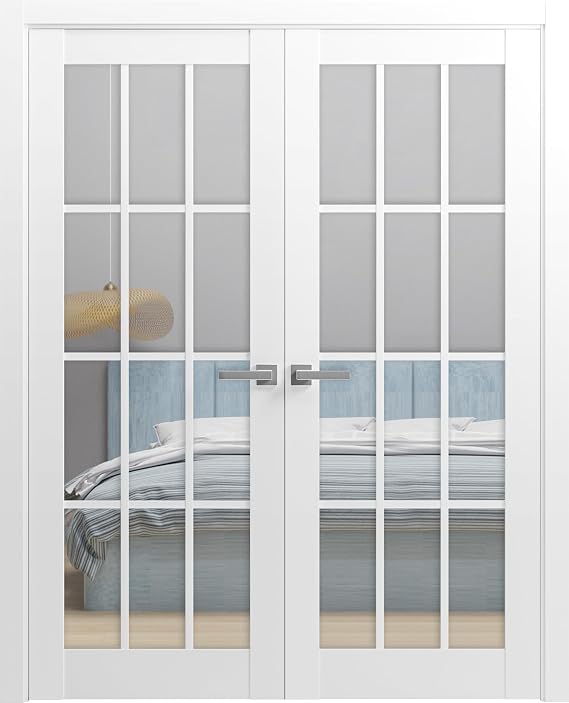 Solid French Double Doors 36 X 84 Inches Clear Glass 3 Lites | Felicia 3355 White Silk | Wood Solid Panel Frame Trims | Closet Bedroom Sturdy Doors