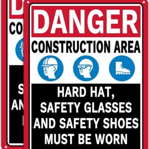 2 Pack Danger Construction Area Hard Hat Safety Glasses And Safety Shoes Must Be Worn On This Site Signs 14 X 10 Rust-Free Aluminum Easy To Install