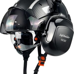 SAFEBUILDER Safety Helmet With Goggles Ear Muffs Work At Hight Carbon Fiber Abs Hard Hats For Industrial Construction Head Protection ANSI Z89.1 Approve 01-Matte Black+Clear&Tinted Goggle+B07Earmuff