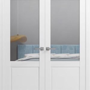Lucia 1533 | Double Swing Interior French Doors With Glass, Solid Wood, Hardware Included, 36×80, White, Modern