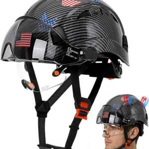 Carbon Fiber Pattern Hard Hat With Visor – Hard Hats With Double Safety Glasses Construction OSHA Approved For Men,Vented Safety Helmet With Chin Strap,ANSI Z89.1 Type 1 Hardhats
