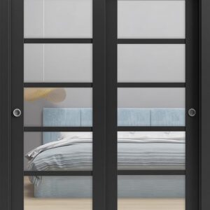 Sliding Closet Door SARTODOORS Quadro 4522 Bypass Interior Doors With Clear Glass, MDF, 72×84, Black, Modern Style Hardware Included